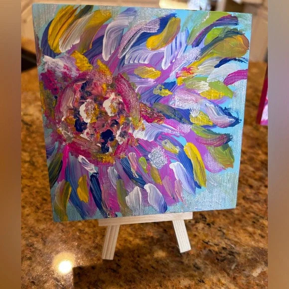 Original HandPainted Flower Stained Art on 5x5 Wooden Block Pink Gold Blue - Picture 2 of 3